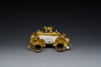 A Chinese Dehua blanc de Chine joss stick holder with French gilt bronze candlestick mounts, Kangxi and 18/19th C.