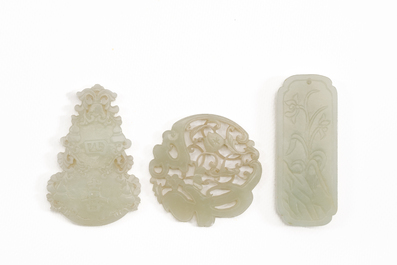 Three Chinese celadon and white jade pendants, Qing