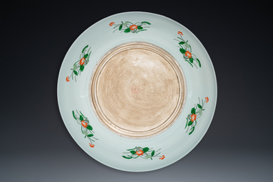 An extremely large Chinese famille verte 'quail and peony' dish, Kangxi mark, 20th C.