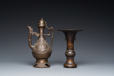 A Chinese bronze 'gu' vase and a bronze ewer and cover for the Islamic market, Ming