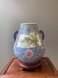 Grand vase de forme 'hu' en porcelaine de Chine doucai-rose &agrave; d&eacute;cor de papillons et d'oiseaux, marque et &eacute;poque de Qianlong