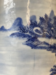 A large Chinese blue and white brush pot with a refined mountainous landscape, 18th C.