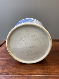 A large Chinese blue and white brush pot with a refined mountainous landscape, 18th C.
