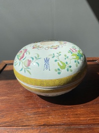 A round Chinese famille rose 'bats, sanduo and Shou' box and cover, Guangxu mark and of the period