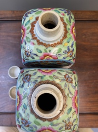 A pair of Chinese blue and white square flasks with European overdecoration, Kangxi