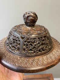 A Chinese famille verte vase with reticulated wooden cover and stand, Kangxi