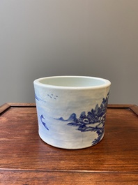 A large Chinese blue and white brush pot with a refined mountainous landscape, 18th C.