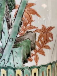 A Chinese famille verte vase with reticulated wooden cover and stand, Kangxi