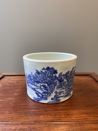 A large Chinese blue and white brush pot with a refined mountainous landscape, 18th C.