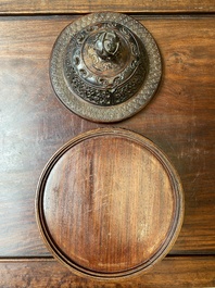 A Chinese famille verte vase with reticulated wooden cover and stand, Kangxi
