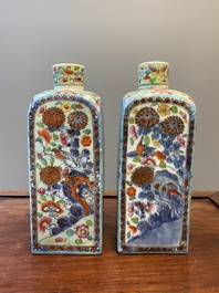 A pair of Chinese blue and white square flasks with European overdecoration, Kangxi