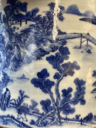 A large Chinese blue and white brush pot with a refined mountainous landscape, 18th C.