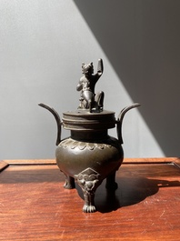 A Chinese bronze tripod censer with Liu Hai and the toad, Yuan