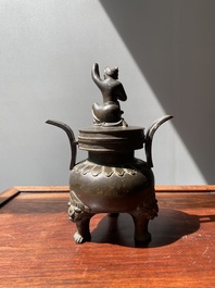 A Chinese bronze tripod censer with Liu Hai and the toad, Yuan