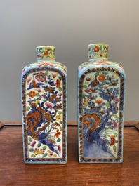 A pair of Chinese blue and white square flasks with European overdecoration, Kangxi