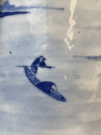 A large Chinese blue and white brush pot with a refined mountainous landscape, 18th C.