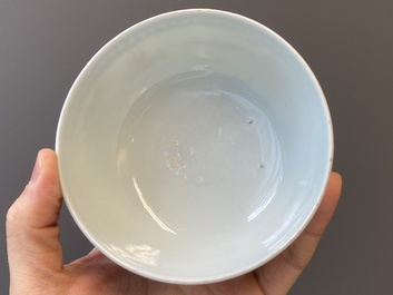 Een paar blauw-witte en ijzerrode 'draken' kommen, Xuantong merk en periode