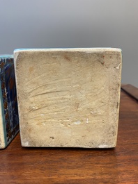 A pair of Chinese blue and white square flasks with European overdecoration, Kangxi
