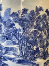 A large Chinese blue and white brush pot with a refined mountainous landscape, 18th C.