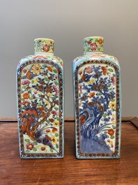 A pair of Chinese blue and white square flasks with European overdecoration, Kangxi
