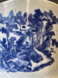 A large Chinese blue and white brush pot with a refined mountainous landscape, 18th C.
