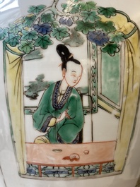 A Chinese famille verte vase with reticulated wooden cover and stand, Kangxi