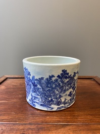 A large Chinese blue and white brush pot with a refined mountainous landscape, 18th C.