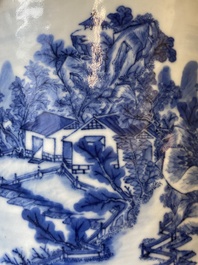 A large Chinese blue and white brush pot with a refined mountainous landscape, 18th C.