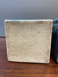 A pair of Chinese blue and white square flasks with European overdecoration, Kangxi