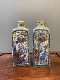 A pair of Chinese blue and white square flasks with European overdecoration, Kangxi