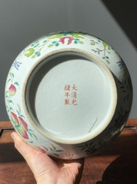 A round Chinese famille rose 'bats, sanduo and Shou' box and cover, Guangxu mark and of the period