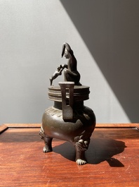 A Chinese bronze tripod censer with Liu Hai and the toad, Yuan