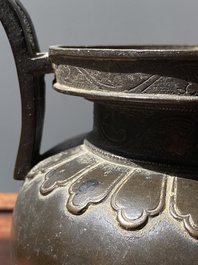A Chinese bronze tripod censer with Liu Hai and the toad, Yuan