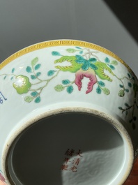 A round Chinese famille rose 'bats, sanduo and Shou' box and cover, Guangxu mark and of the period
