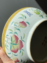A round Chinese famille rose 'bats, sanduo and Shou' box and cover, Guangxu mark and of the period
