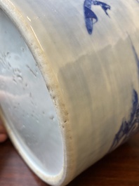 A large Chinese blue and white brush pot with a refined mountainous landscape, 18th C.