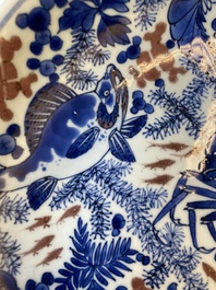 A Chinese blue, white and copper red 'crab and fish' dish, Kangxi