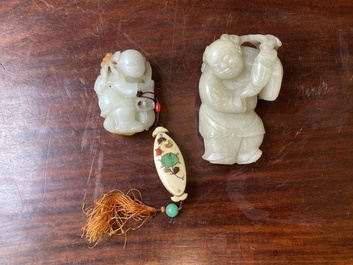 Two Chinese white and celadon jade carved standing boys, Qing