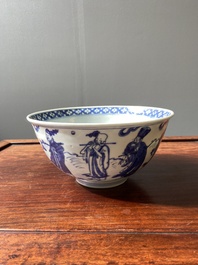 Een Chinese blauw-witte 'Acht onsterfelijken' kom, Wanli merk en periode
