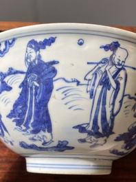 Een Chinese blauw-witte 'Acht onsterfelijken' kom, Wanli merk en periode