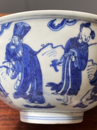 Een Chinese blauw-witte 'Acht onsterfelijken' kom, Wanli merk en periode