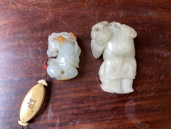Two Chinese white and celadon jade carved standing boys, Qing