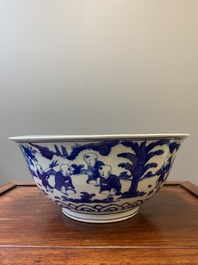 Een zeldzame grote Chinese blauw-witte kom met '100 jongens', Jiajing merk en periode
