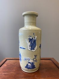 A Chinese celadon-ground blue, white and copper-red rouleau vase, Kangxi