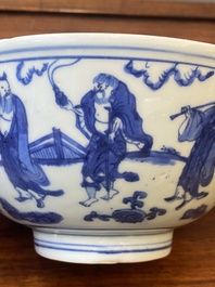 Een Chinese blauw-witte 'Acht onsterfelijken' kom, Jiajing merk en periode