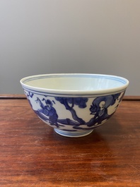 Een Chinese blauw-witte 'Acht onsterfelijken' kom, Jiajing merk en periode