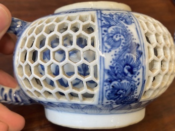 A pair of Chinese reticulated and double-walled blue and white teapots, Transitional period