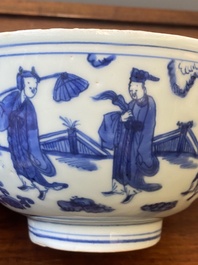 Een Chinese blauw-witte 'Acht onsterfelijken' kom, Jiajing merk en periode
