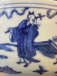 Een Chinese blauw-witte 'Acht onsterfelijken' kom, Jiajing merk en periode