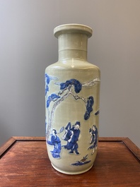 A Chinese celadon-ground blue, white and copper-red rouleau vase, Kangxi